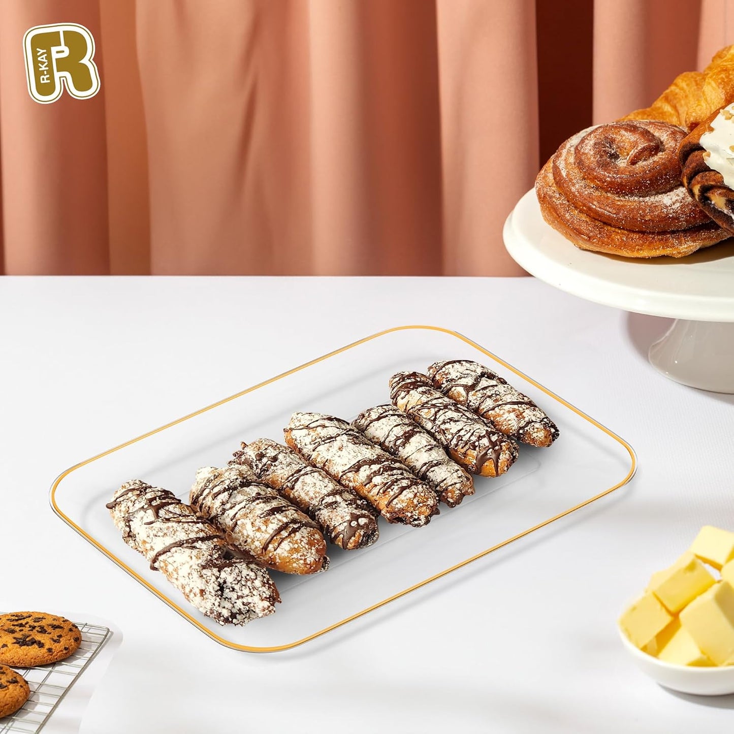 6 Pack Plastic Serving Trays for Party - 8 x 11 Disposable Serving Tray - Heavy Duty Gold Dessert Trays (Clear)