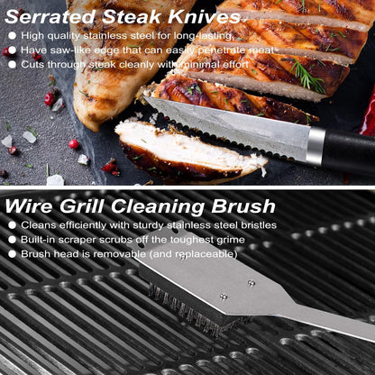 POLIGO 29 PCS BBQ Grill Accessories Stainless Steel BBQ Tools Grilling Tools Set with Storage Bag for Fathers Day Dads Birthday Presents - Camping Grill Utensils Set Ideal Grilling Gifts for Men Brown