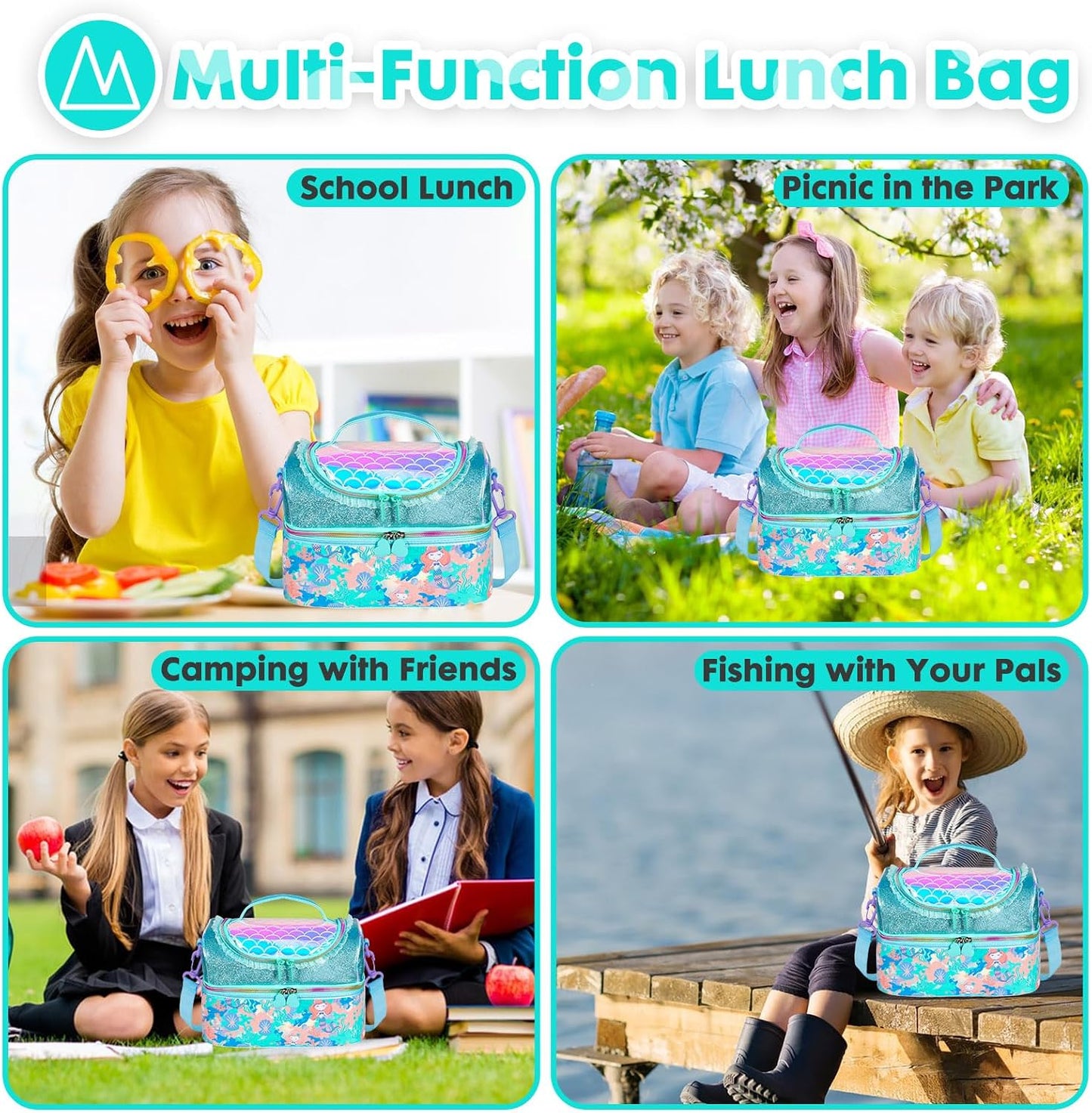 Kids Double Decker Cooler Insulated Lunch Bag, Back to School Large Meal Tote for Boys, Girls, Men, Women, with Adjustable Strap, Soccer