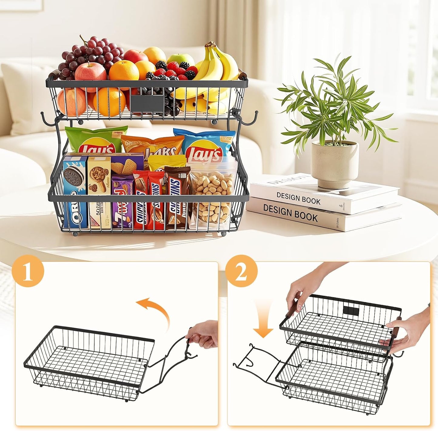 2-Tier Stackable Wire Basket with 2 Banana Hooks, Pantry Organizer for Kitchen Countertops, Cabinets & Under-Sink Spaces; Ideal for Storing Snacks, Fruits, Veggies, Onions, Potatoes, & More,Black