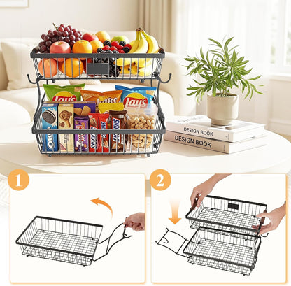 2-Tier Stackable Wire Basket with 2 Banana Hooks, Pantry Organizer for Kitchen Countertops, Cabinets & Under-Sink Spaces; Ideal for Storing Snacks, Fruits, Veggies, Onions, Potatoes, & More,Black
