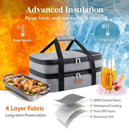 Lifewit Insulated Double Decker Casserole Carrier, Expandable Lasagna Lugger Tote Bag for Hot or Cold Food, Fits 9" x 13" Baking Dish for Potluck Parties, Picnic and Cookouts, Grey-Geometric