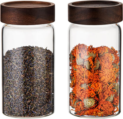 6 pc Glass Spice jars Glass Jars with Screw Lid 5 oz Acacia Wood Glass Herb Sugar Coffee Bean Ground Container Food Storage Canister for Candy Pantry Tea Seasoning Meal Prep Snack (6*150ml(5oz))