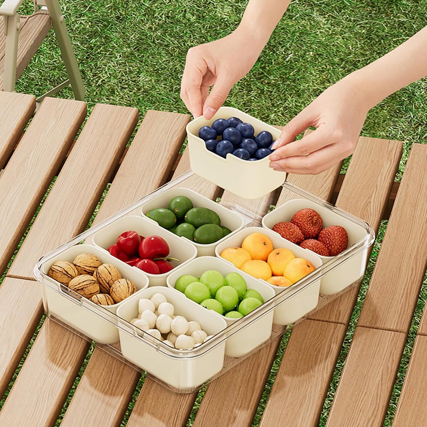 2 Pack Divided Serving Tray with lid and Handle, 8 & 4 Compartments Snackle Box with Utensils, Fridge Food Veggie Condiment Storage, Kitchen Clear Food Container for Picnic, Camping, School