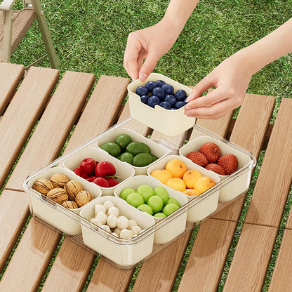 2 Pack Divided Serving Tray with lid and Handle, 8 & 4 Compartments Snackle Box with Utensils, Fridge Food Veggie Condiment Storage, Kitchen Clear Food Container for Picnic, Camping, School