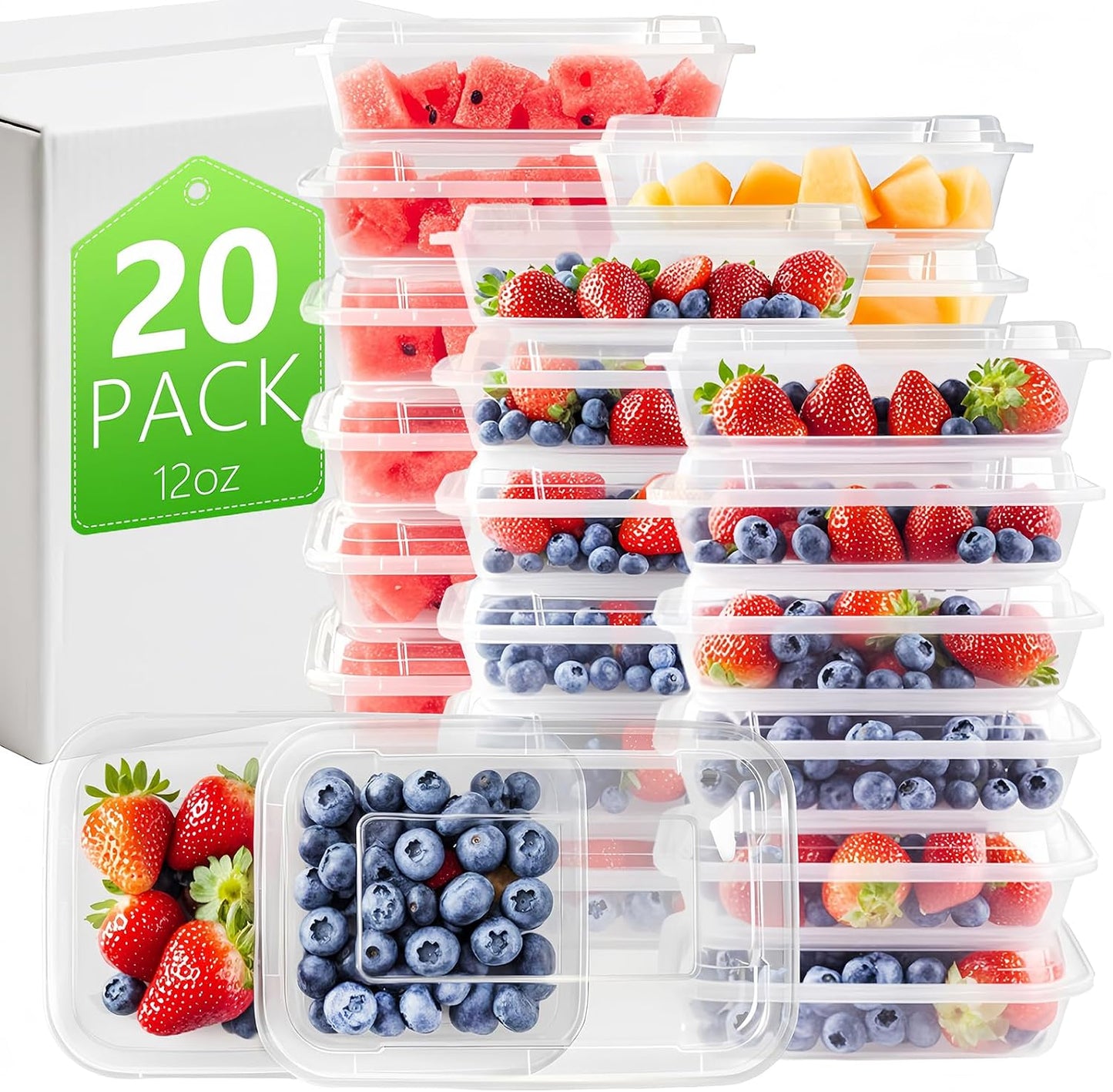[20 value pack single one compartment 12oz MINI Meal Prep Food Storage Containers - BPA Free Reusable Lunch bento Box with Lids - Spill proof, Microwave, Dishwasher and Freezer Safe