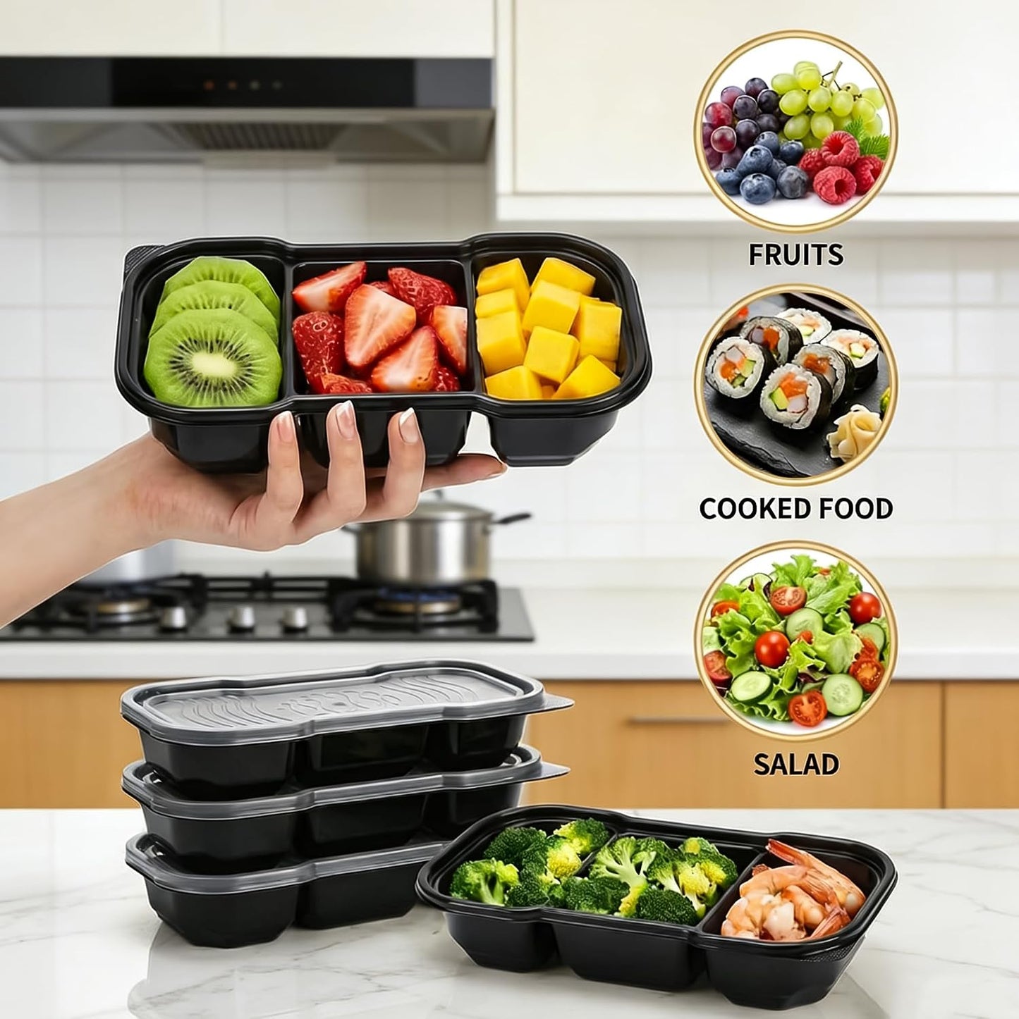 Hiceeden 50 Pack 16 Oz Small Meal Prep Containers with 3 Compartments, Disposable Plastic Bento Snack Boxes with Lid, Stackable Food Containers Reusable Travel Lunch Boxes for Office, School, Black