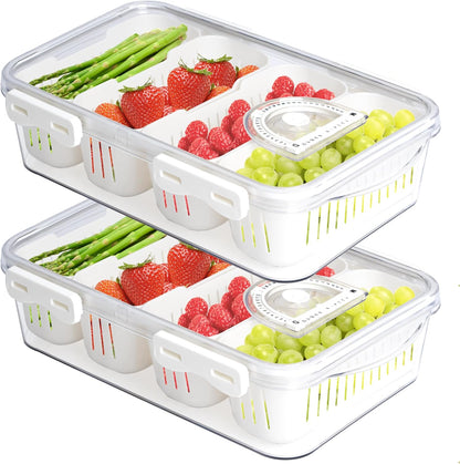 2Pack Poratble Bacon Storage Container for Fridge Divided Snackle Box Charcuterie Container 4 Compartment Serving Veggie Tray with Lid Portable Travel Fruit Caddy for Cheese,Candy,Nuts,Salad