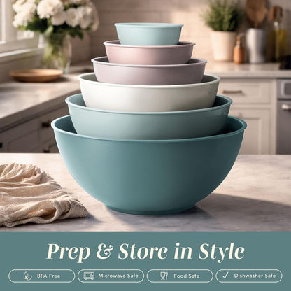 COOK WITH COLOR Mixing Bowls with Lids - 12 Piece Plastic Nesting Bowls Set includes 6 Prep Bowls and 6 Lids, Microwave Safe Mixing Bowl Set, Pink Embossed - Colors A