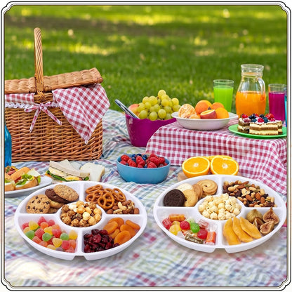 24 Pcs 5 Sectional Plastic Divided Serving Trays Bulk 12 Inch Round Chip and Dip Plates Fruit Veggie Appetizer Platter Snack Tray for Holiday Party Family Gathering(Black)