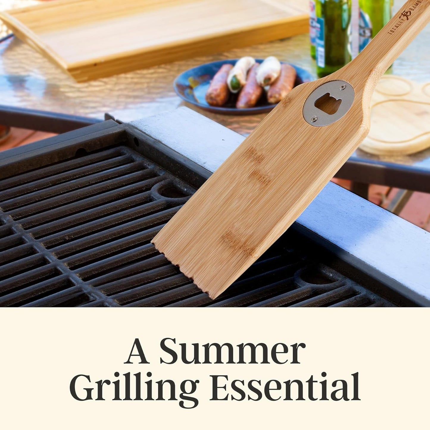 Totally Bamboo Grill Scraper with Bottle Opener – Bristle-Free Bamboo Wooden BBQ Scraper Tool for Outdoor Grill Cleaning – Ready for All Grates, Charcoal and Gas BBQs
