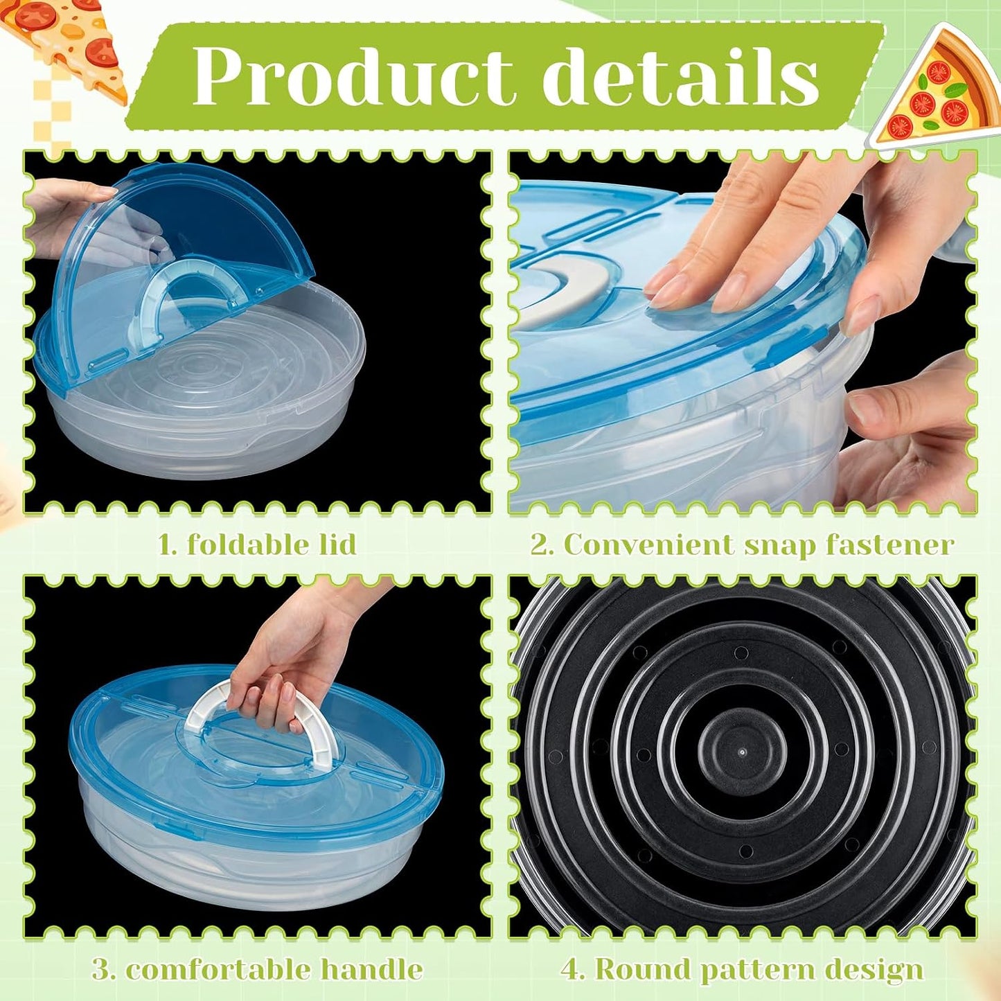 LemonRoad 2 Pie Carrier with Lid and Handle 12 Inch Round Plastic Food Storage Container Reusable 2 Compartments Pizza Keeper for Food Cake Cheesecake Muffin Cookie Tortilla (Green,Blue)