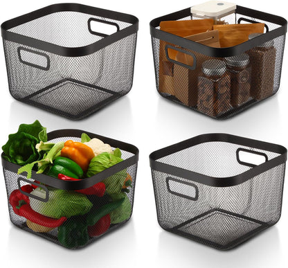 MorningRo 6 Pack Metal Mesh Basket with Hollow Handles Black Wire Storage Bin for Organizing Stackable Metal Fine Mesh Basket for Pantry Bathroom Kitchen Cabinets Shelves (Medium)