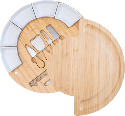 ChefSofi Charcuterie Board Set and Cheese Serving Platter - Made from Bamboo Wood - US Patented 13 inch Cheese Board and Knife Set for Entertaining and Serving - 4 Knives and 4 Bowls