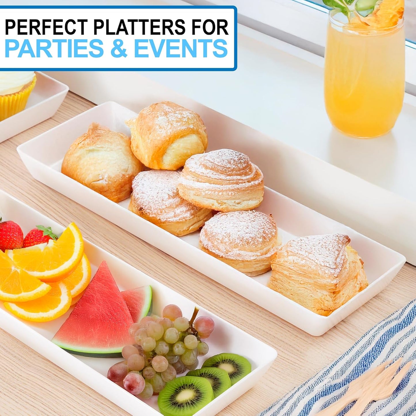 US Acrylic Coastal Plastic Serving Trays (Set of 4) 15” x 10” | Large Unbreakable Reusable Rectangular Party Platters | Serve Appetizers, Fruit, Veggies, & Desserts | BPA-Free & Made in USA