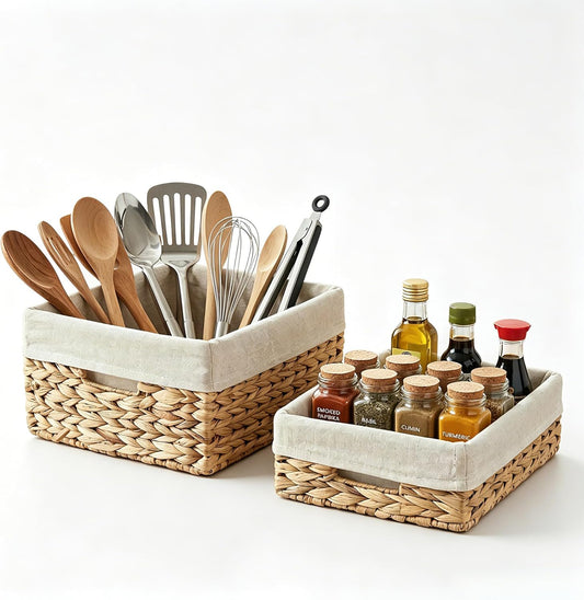 Set of 2 Hyacinth Woven Baskets, Lined Rect Pantry Shelf Storage Organizer | Durable, Long-lasting use, Removable & Washable Liner, Multi-Size Set for Versatile Storage,Two Rectangular Baskets
