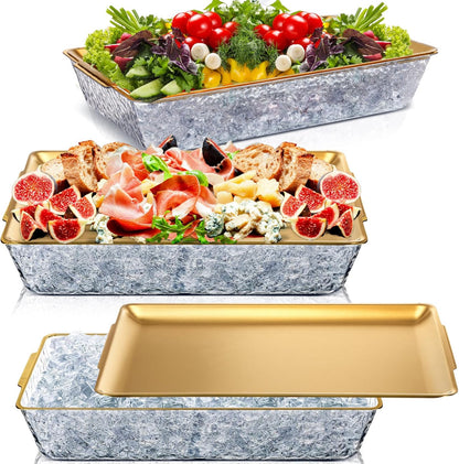 Baderke 3 Set 16" x 9'' Chilled Serving Tray for Parties with Compartments Rectangle Serving Dish Ice Charcuterie Party Platter for Shrimp Fruit Seafood Vegetable Appetizer (Silver)