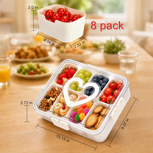 2 Pack Snackle Box Container with 8 Removable Compartments, Portable Snack Tray with Lid and Handle for Travel, Camping, Picnic, Party, Game Day & Movie Night