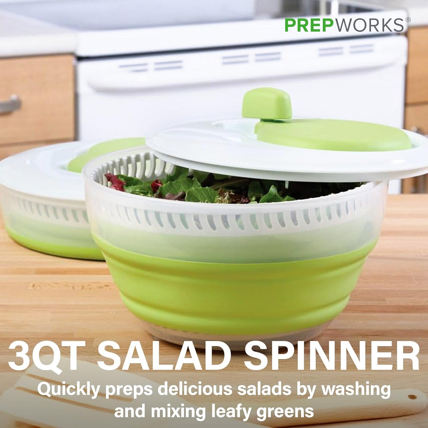 PrepWorks 4 Qt Collapsible Salad Spinner – Space-Saving, BPA-Free, Easy-to-Use for Quick Salad Washing & Drying, Dishwasher Safe