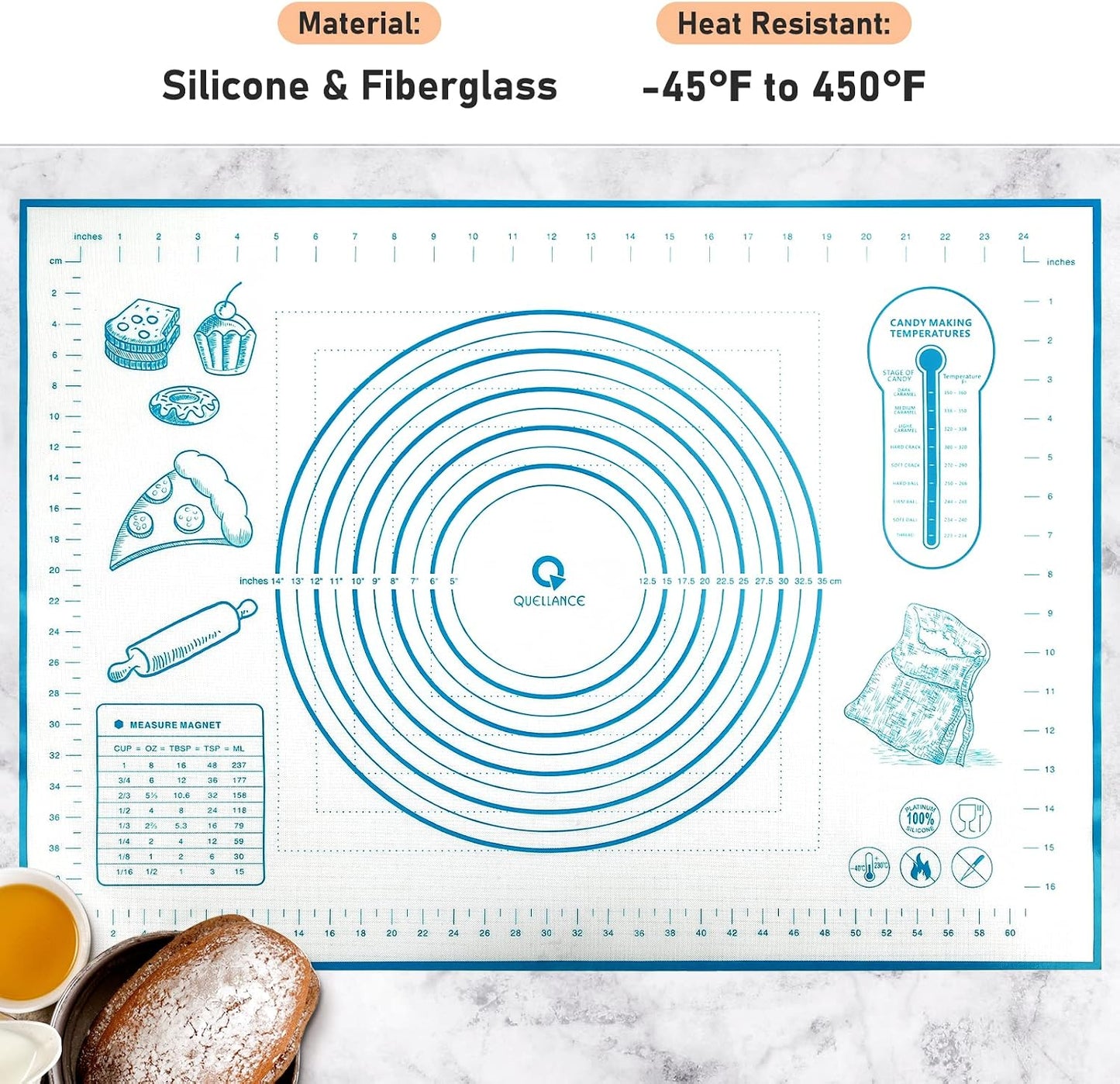 Silicone Pastry Baking Mat Dough - 16x24Inch Large Non Stick Slip Cookie Bread Rolling Mats Sheet, Kitchen Counter Kneading Cooking Board Pad Matt with Measurement for Pie Pizza Cookies Fondant Making