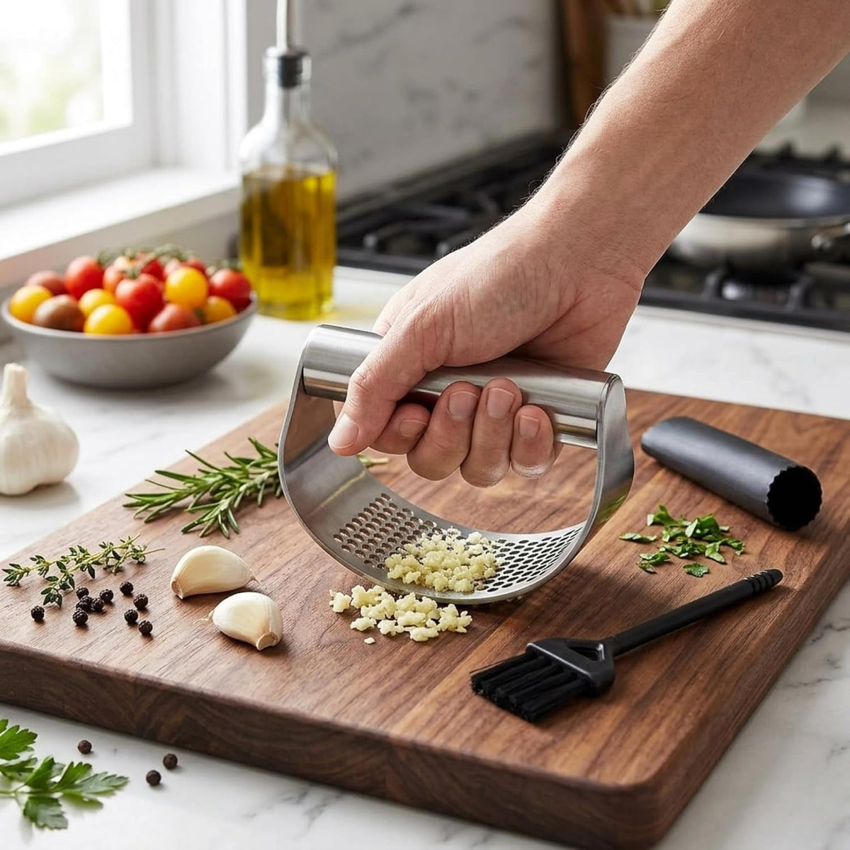 Angel's Peel Lounge Stainless Steel Garlic Press Rocker Set with Silicone Garlic Peeler & Cleaning Brush – Garlic Chopper, Mincer, Grater, Crusher – Easy for Crushed Cloves – Rust-Resistant, Black