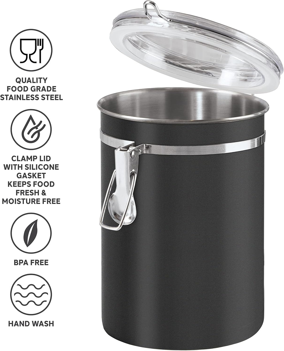 Oggi Stainless Steel Kitchen Canister 62 fl oz - Airtight Clamp Lid, Clear See-Thru Top - Ideal for Kitchen Storage, Food Storage, Pantry Storage. Large Size 5" x 7.5".