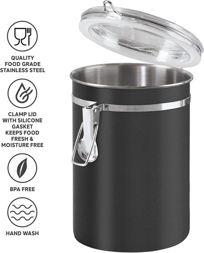 Oggi Stainless Steel Kitchen Canister 62 fl oz - Airtight Clamp Lid, Clear See-Thru Top - Ideal for Kitchen Storage, Food Storage, Pantry Storage. Large Size 5" x 7.5".