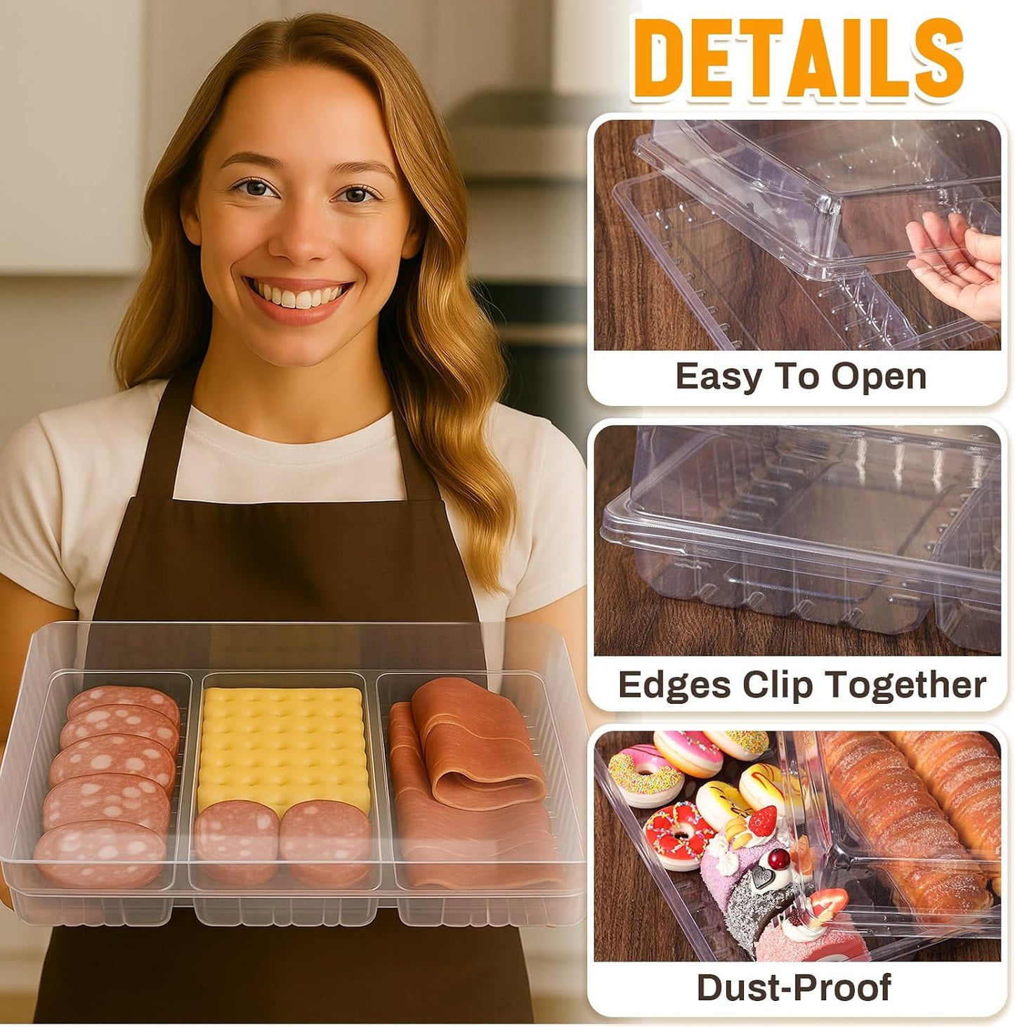 Shellwei 5 Pack Extra Large Charcuterie Board with Lid 15 x 10 Inch 3 Section Divided Catering Trays with Lids Large Disposable Travel Catering Serving Trays Platter (Black)