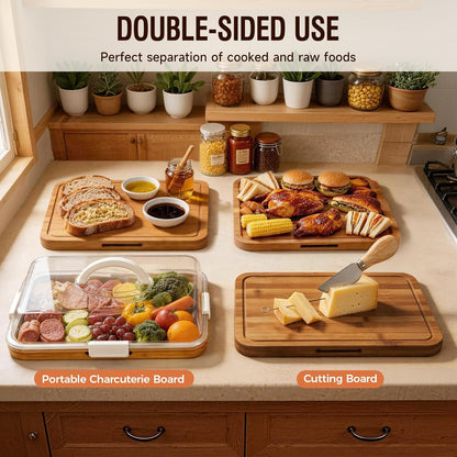 Renmxj Charcuterie Boards with Lid Gift Set, 2 in 1 Travel Portable Cheese Board with Knives Set, Carbonized Bamboo Charcuterie Tray, Housewarming Gifts New Home, Picnic, Wedding Gifts, Black Handle