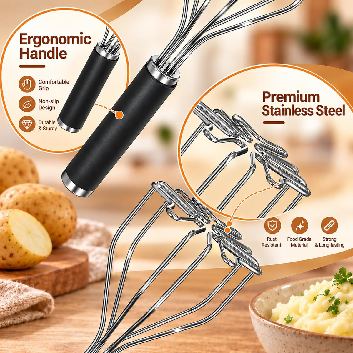 Stainless Steel Potato Masher Kitchen Tools for Potatoes, Veggies, Eggs