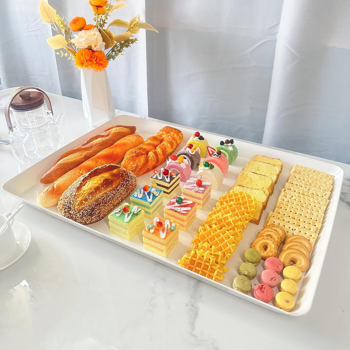 Serving Tray Platter, 4 Pack Food Tray for Veggie Fruit Snack Dessert Cookie Cheese, Food Trays for Party Supplies Display, Plastic Platters for Serving Food, Large White Trays, BPA Free