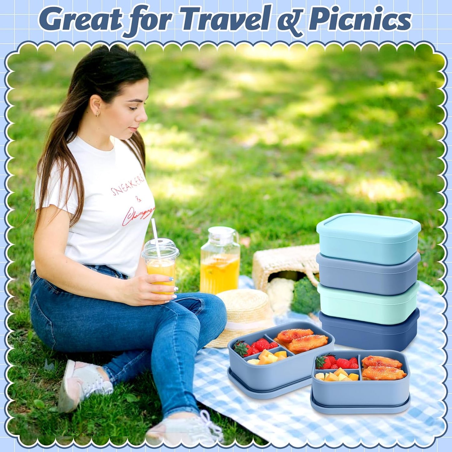 Honeydak 6 Pcs Silicone Bento Box Reusable Silicone Bento Lunch Container for Adults Microwave Dishwasher Freezer Safe 3 Compartment (Light Colors)