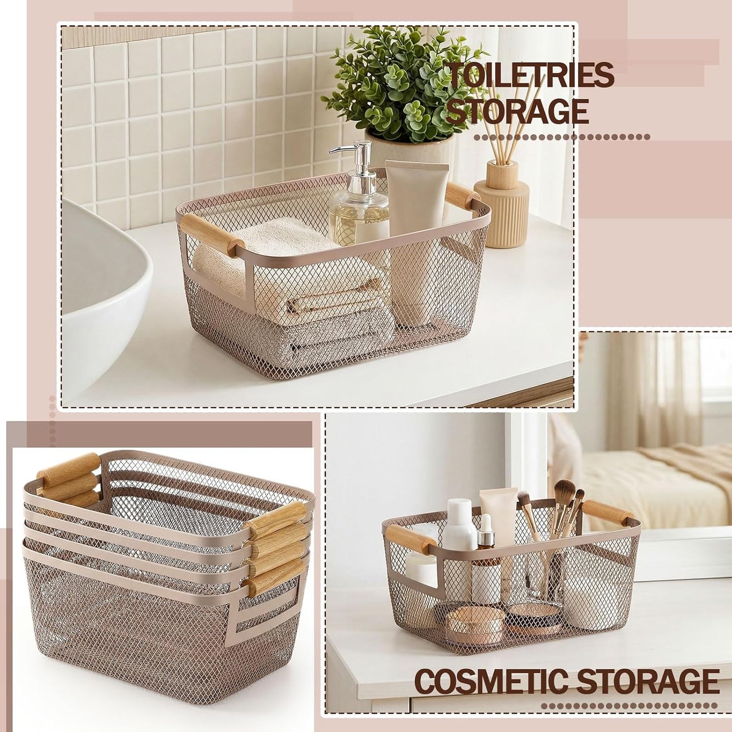 Mumufy 3 Pcs Metal Mesh Basket with Wooden Handles Wire Steel Organizer Bins Pantry Organizers Kitchen Baskets for Closet Cabinet Bathroom Fridge Food Snacks Organization (Warm Tapue,3 Sizes)