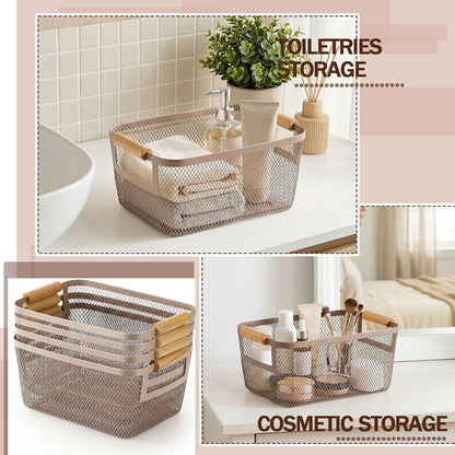 Mumufy 3 Pcs Metal Mesh Basket with Wooden Handles Wire Steel Organizer Bins Pantry Organizers Kitchen Baskets for Closet Cabinet Bathroom Fridge Food Snacks Organization (Warm Tapue,3 Sizes)