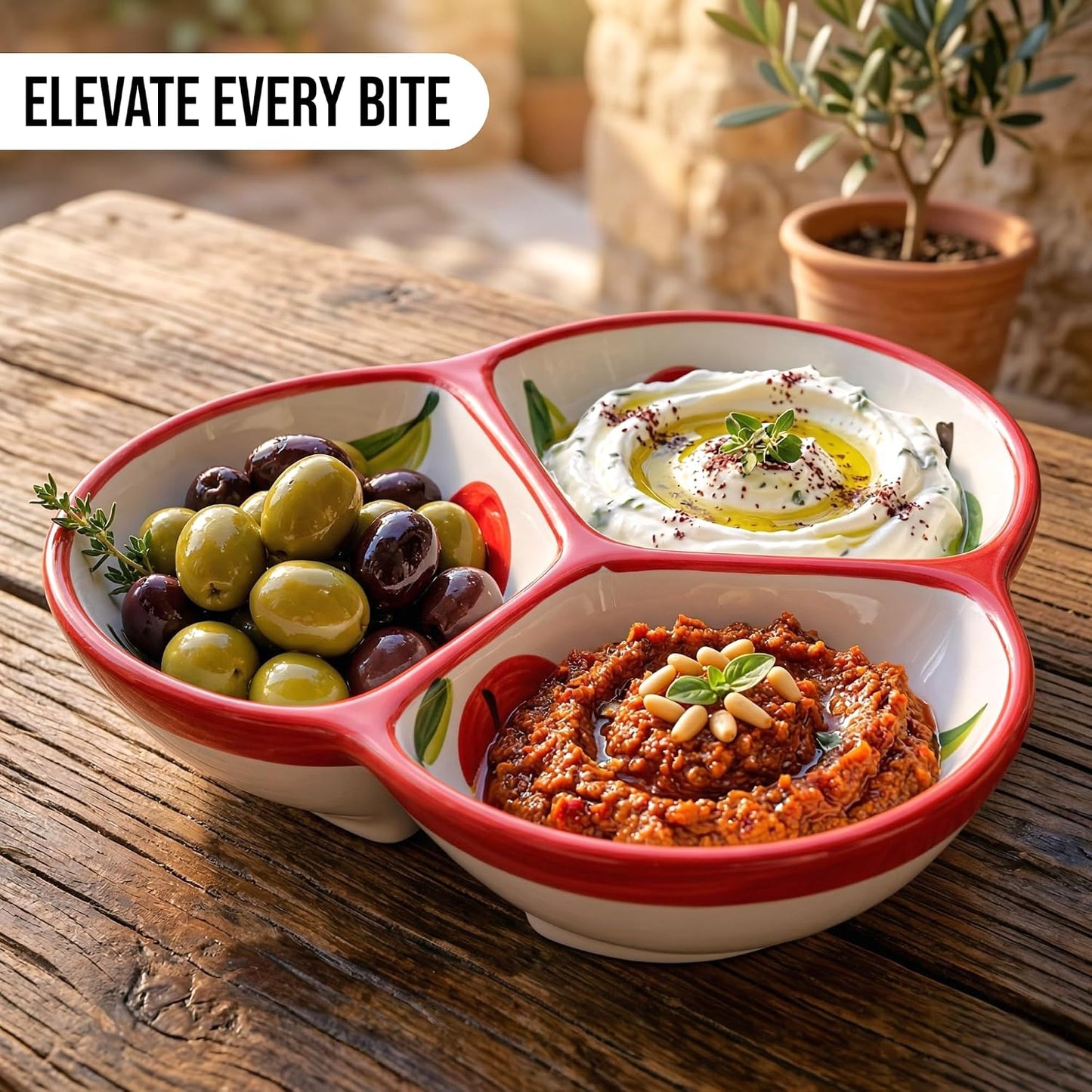 Ceramic Chip & Dip Bowl 7.5”, 3-Compartment Divided Serving Dish & Condiment Tray for Appetizers – Handmade in Spain, Lead-Free Glaze, Microwave, Oven & Dishwasher Safe