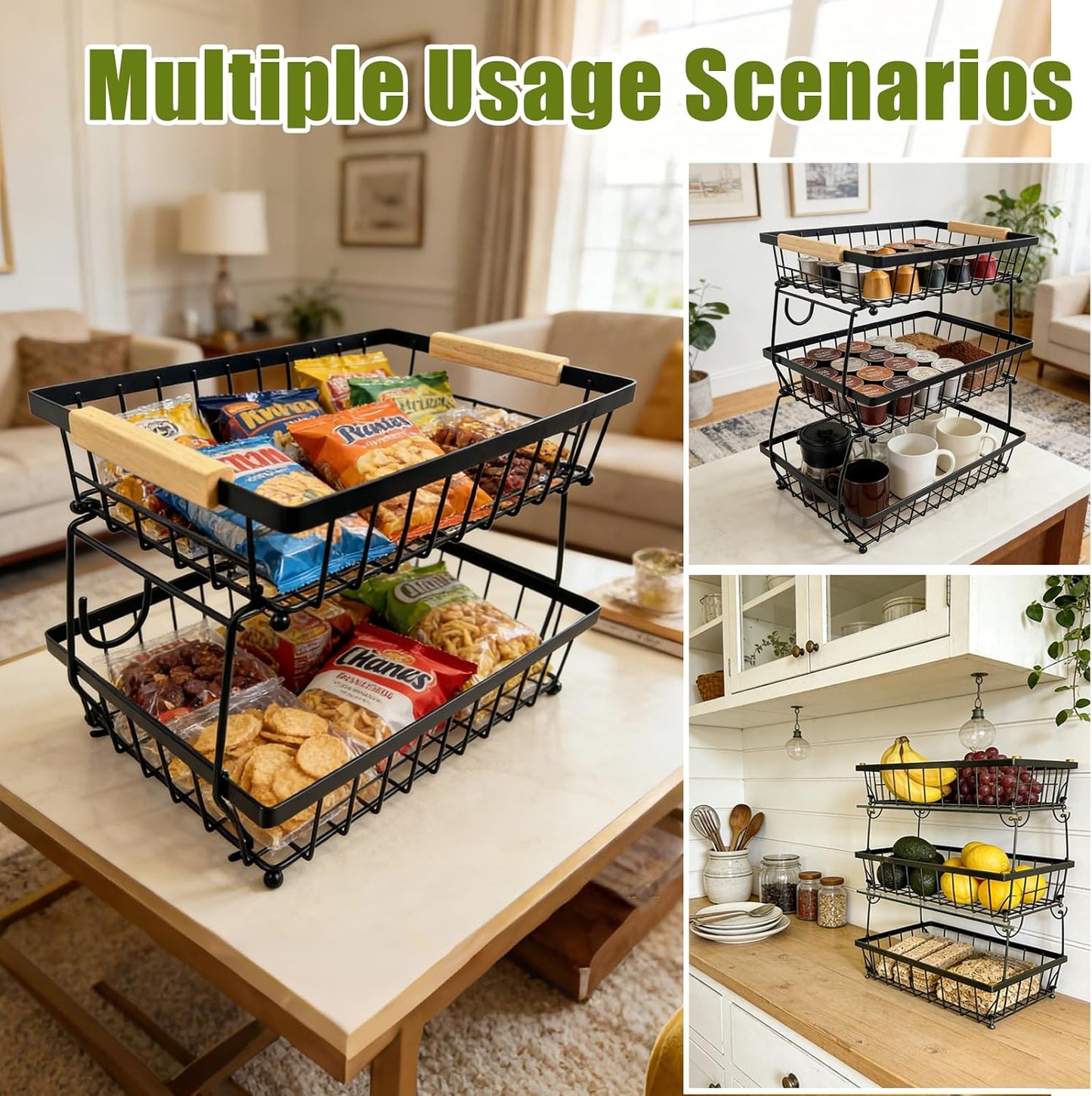 2 Tier Fruit Basket for Kitchen Counter, Large Fruit Holder with 2 Banana Hooks, Detachable Metal Fruit Stand with Wooden Handle, Kitchen Storage Cart,Vegetable Basket, Snack Rack