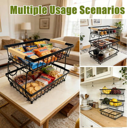 2 Tier Fruit Basket for Kitchen Counter, Large Fruit Holder with 2 Banana Hooks, Detachable Metal Fruit Stand with Wooden Handle, Kitchen Storage Cart,Vegetable Basket, Snack Rack
