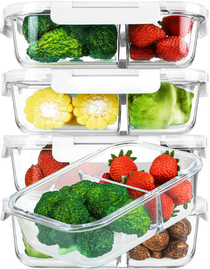 M MCIRCO [5-Pack,36 Oz] Glass Meal Prep Containers 2 Compartments Portion Control with Upgraded Snap Locking Lids Glass Food Storage Containers, Microwave, Oven, Freezer and Dishwasher (4.5 Cups)