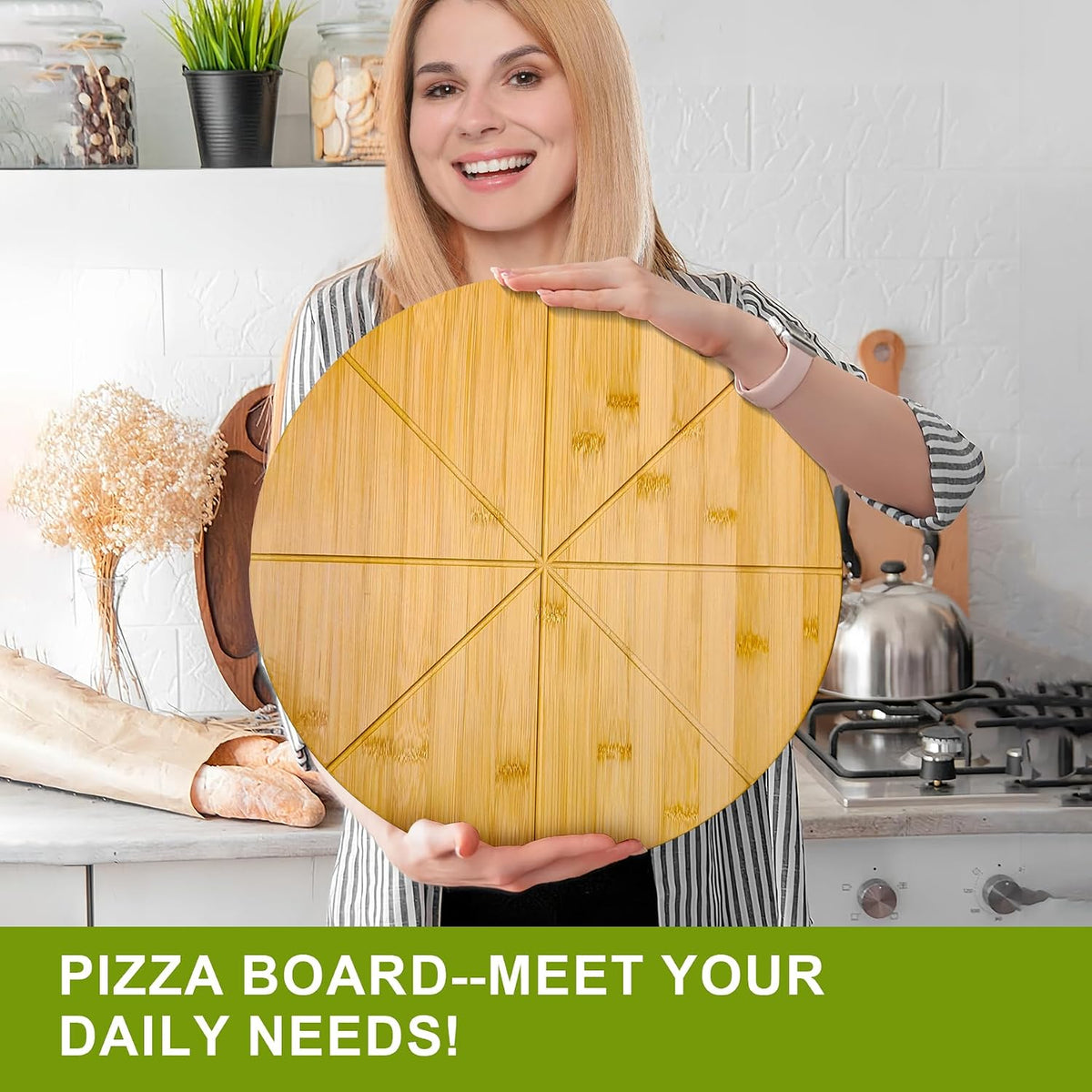 16inch Pizza Cutting Board Round Large Bamboo Wooden Prep Platter Tray