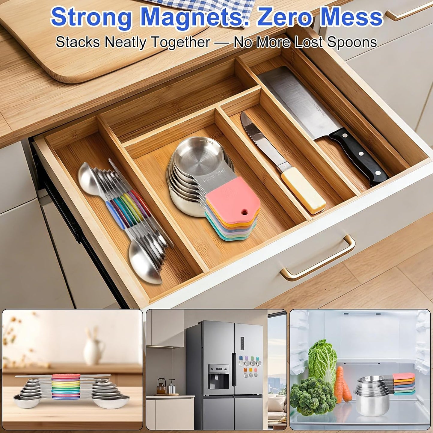 Magnetic Measuring Cups and Spoons Set, Strong N52 Magnets, Heavy Duty 304 Stainless Steel Fits in Spice Jars for Baking & Cooking, BPA Free, Round Set of 15 with Leveler Black