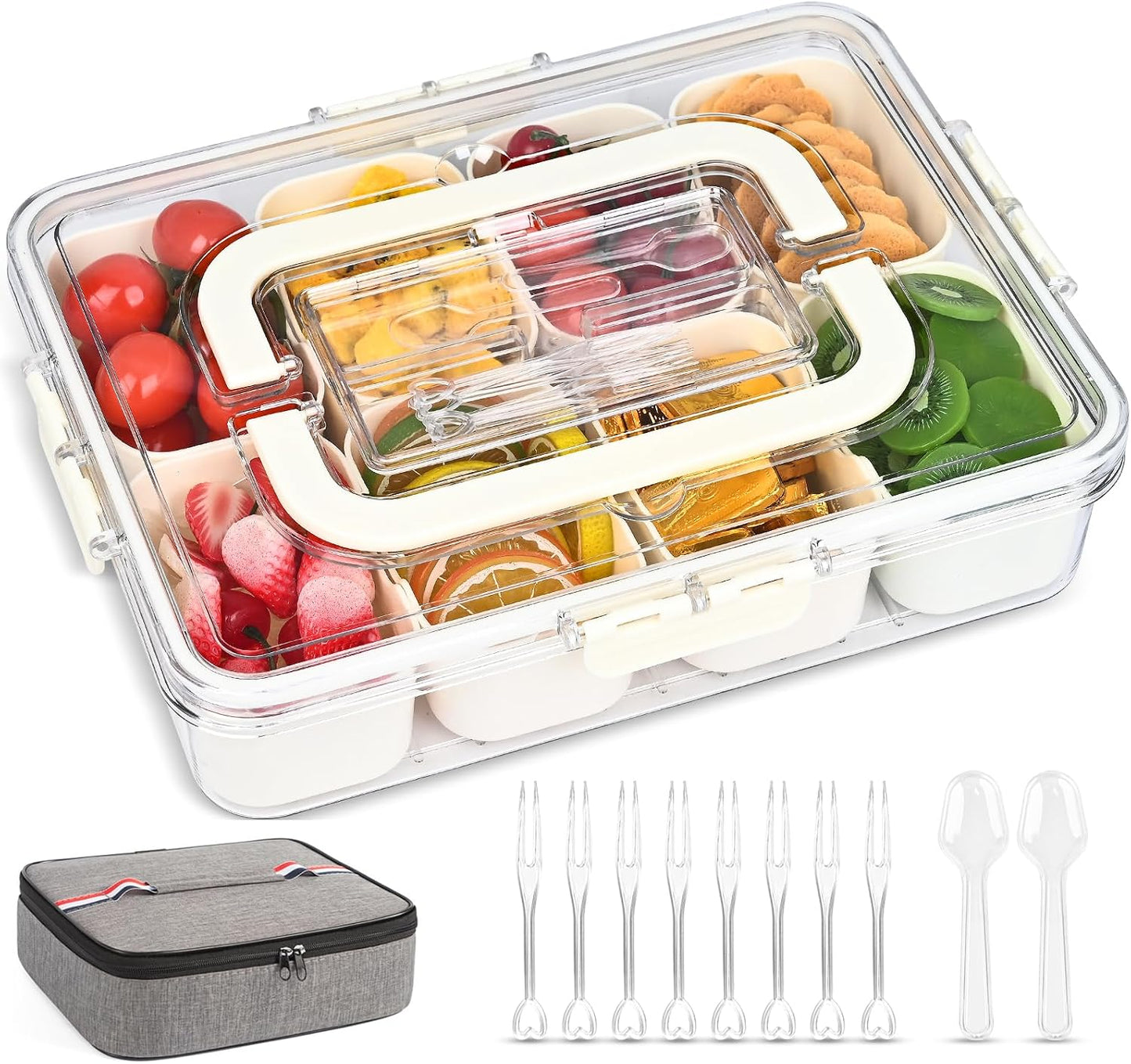 (2Pcs)Divided Serving Tray with Lid,Snackle Box Container with Lid,Snack Box Container with Cutlery Storage,8 Fruit Forks,2Spoons,Fruit Tray,Portable Snack Organizer,8 Compartments snack tray with lid