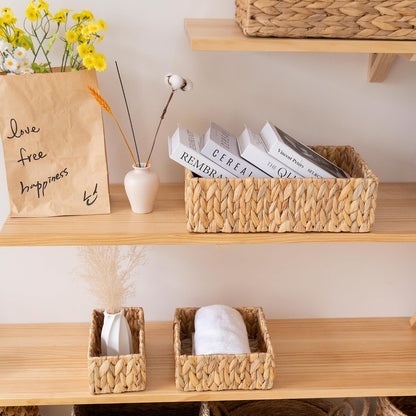 Natural Water Hyacinth Wicker Baskets Set of 3, Handwoven Nesting Organizer | for Pantry Shelves Bathroom and Bedroom Organization to Hold Towels or Books