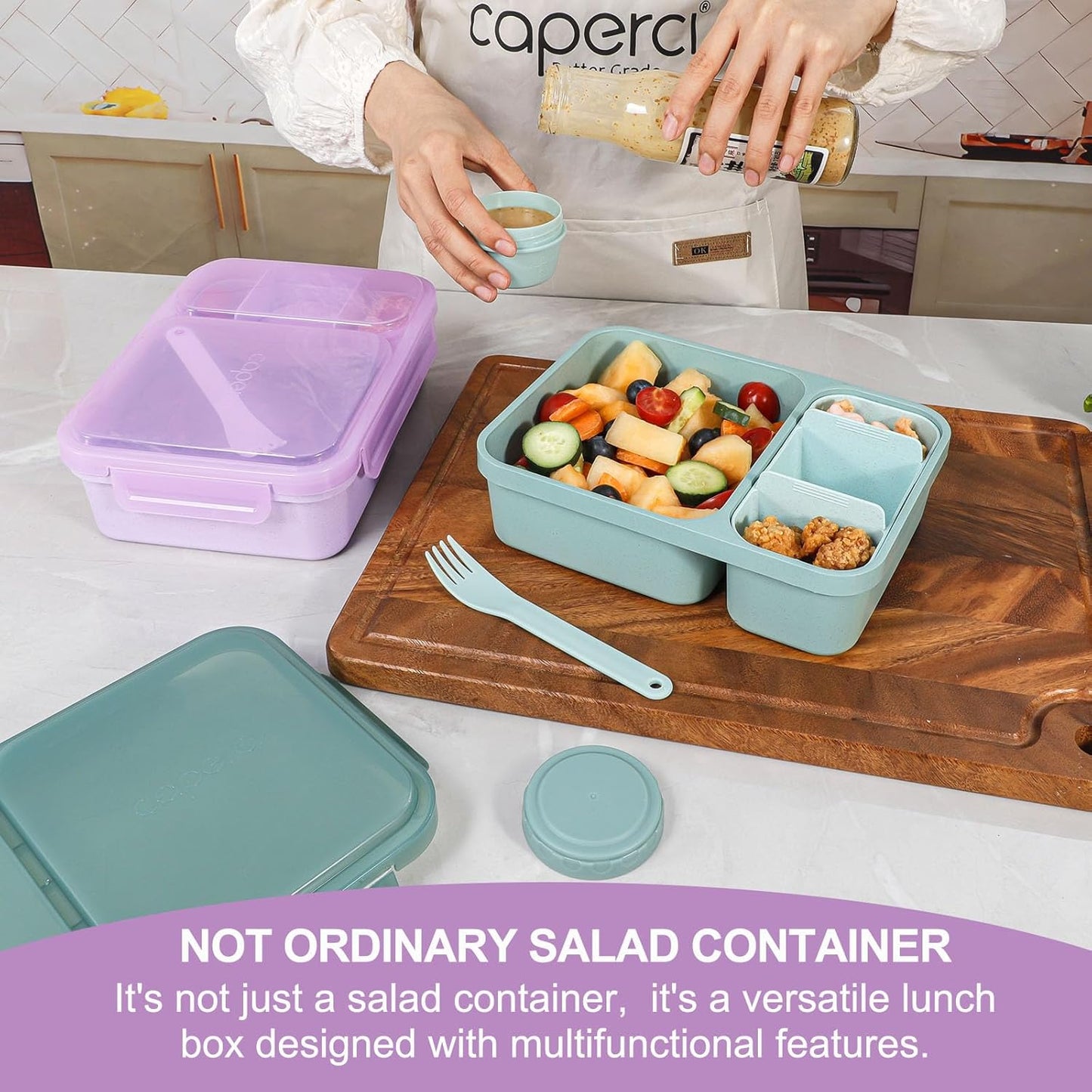 Caperci 2 Pack Salad Container for Lunch - 62 oz Large Bento Lunch Box for Adults, 2-Compartment Meal Prep Container with Removable Toppings Tray, Sauce Cup, Reusable Fork, BPA-Free (Purple & Green)