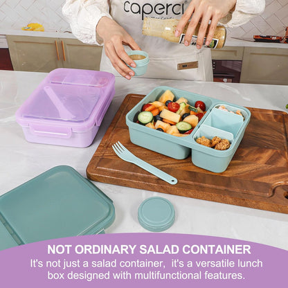 Caperci 2 Pack Salad Container for Lunch - 62 oz Large Bento Lunch Box for Adults, 2-Compartment Meal Prep Container with Removable Toppings Tray, Sauce Cup, Reusable Fork, BPA-Free (Purple & Green)