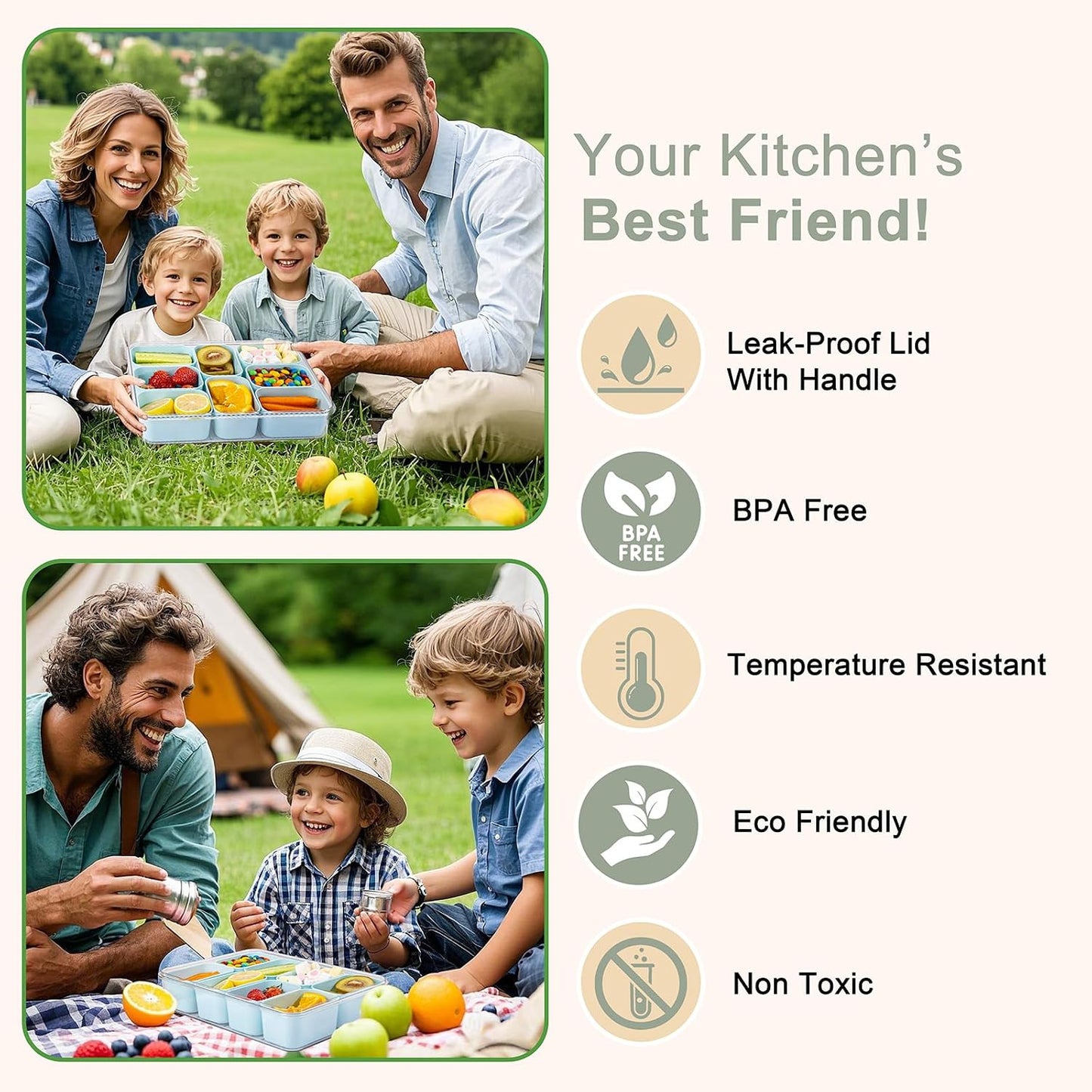 U-QE Dishwasher Safe Snackle Box Container with 8 Small Snacks Box - Premium Ivory Plastic Divided Serving Tray with Lid and Handle for Snack, Veggie, Fruits, Perfect for Party, Picnic, Entertaining