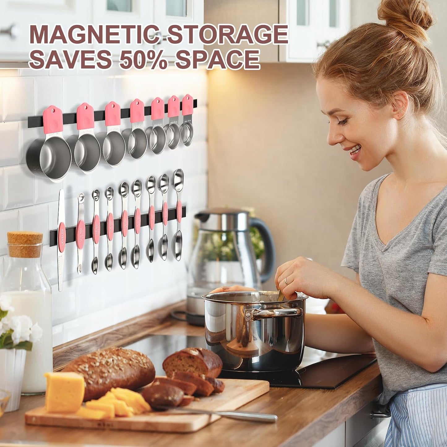 16-Piece Stainless Steel Measuring Cups and Spoons Set, Strong Magnetic Nesting Design 7 Cups 8 Spoons with Leveler, Double Measurement Markings for Dry & Liquid Ingredients, Gold