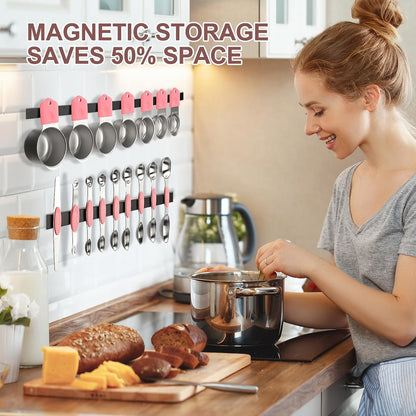 16-Piece Stainless Steel Measuring Cups and Spoons Set, Strong Magnetic Nesting Design 7 Cups 8 Spoons with Leveler, Double Measurement Markings for Dry & Liquid Ingredients, Gold