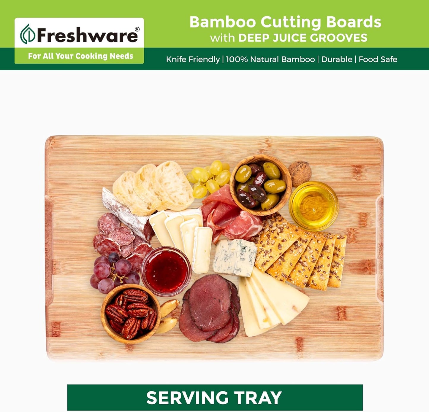 Freshware Wood Cutting Boards for Kitchen - Bamboo Cutting Board Set of 3, Cutting Boards with Juice Grooves, Serving Board Set, Chopping Board for Meat, Veggie, Easy Grip Handle (9x6", 12x8", 15x10")