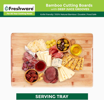 Freshware Wood Cutting Boards for Kitchen - Bamboo Cutting Board Set of 3, Cutting Boards with Juice Grooves, Serving Board Set, Chopping Board for Meat, Veggie, Easy Grip Handle (9x6", 12x8", 15x10")