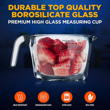 NutriChef 250 ml. Glass Measuring Cup - 8.62 oz Premium Heat Resistant Glass Cup, with Customized Decal Scale, Oven and Dishwasher Safe, Curved Spout for Precise Pouring